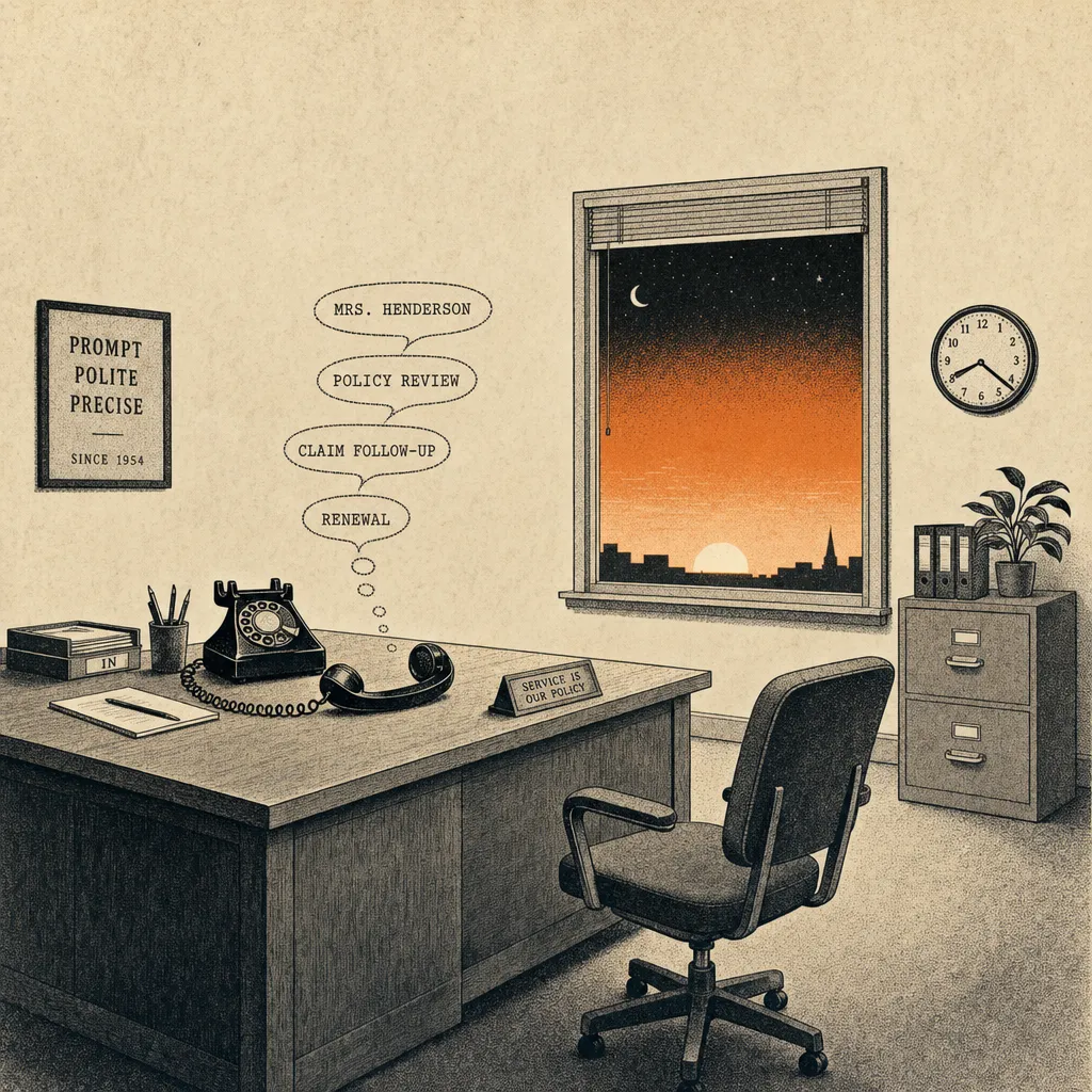 Editorial cartoon of an empty office chair behind a wooden desk. The desk phone receiver lies off-hook on the desk surface with faint speech bubbles trailing out reading Mrs. Henderson, policy review, claim follow-up, renewal. Through a small office window, a Monday morning sunrise is shown halfway dissolving back into a night-dark sky.