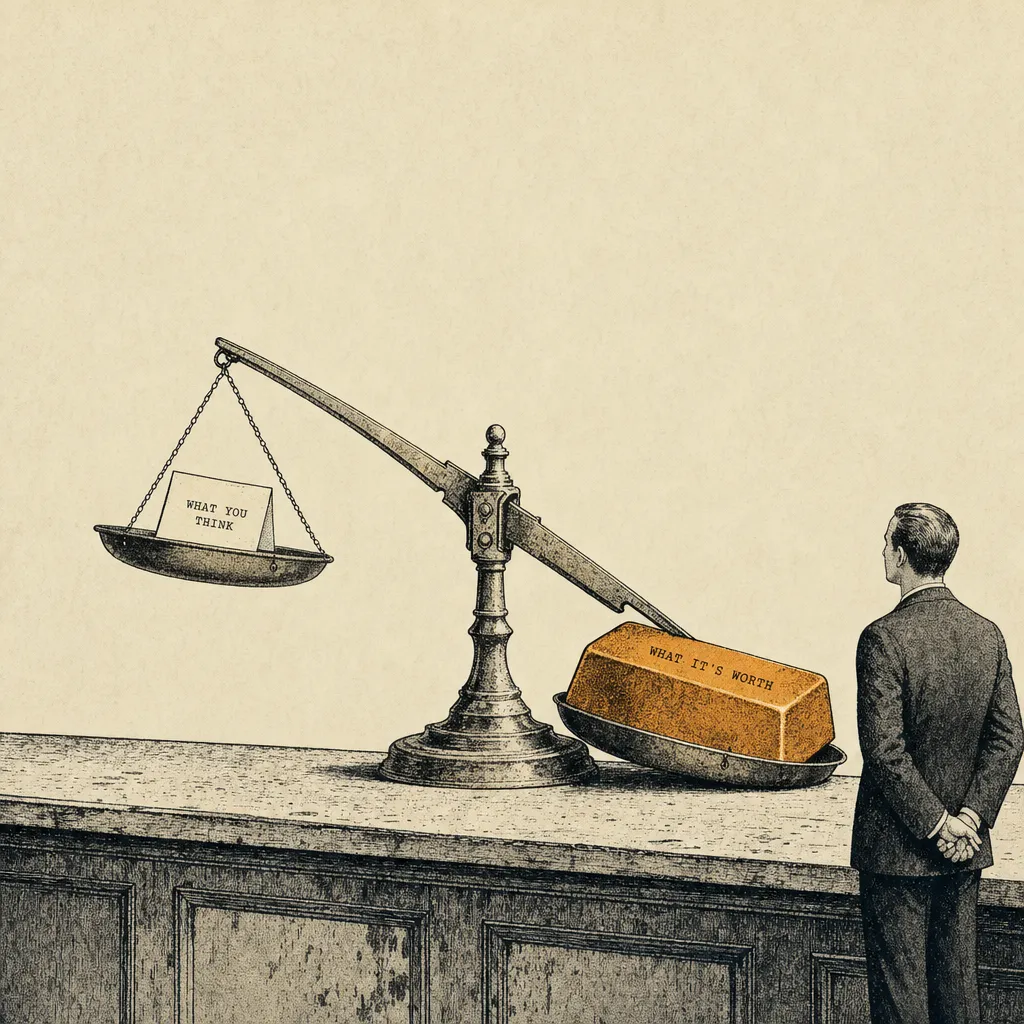Editorial cartoon of an antique two-pan brass scale on a wooden shop counter. On the left pan, a small folded paper note labeled 'WHAT YOU THINK'. On the right pan, a heavy rectangular gold ingot stamped 'WHAT IT'S WORTH'. The scale tips dramatically toward the gold side. A small businessman in a suit stands at the counter looking at the lighter pan.