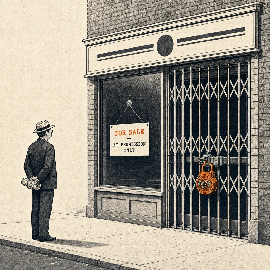 Editorial cartoon of a small storefront with a glass window and an iron lattice gate pulled across the entrance, secured by a complex multi-tumbler padlock. Inside the window a typewriter-caps sign reads 'FOR SALE — BY PERMISSION ONLY'. Outside on the sidewalk, a single small business figure with a hat holds a rolled stack of banknotes, waiting.