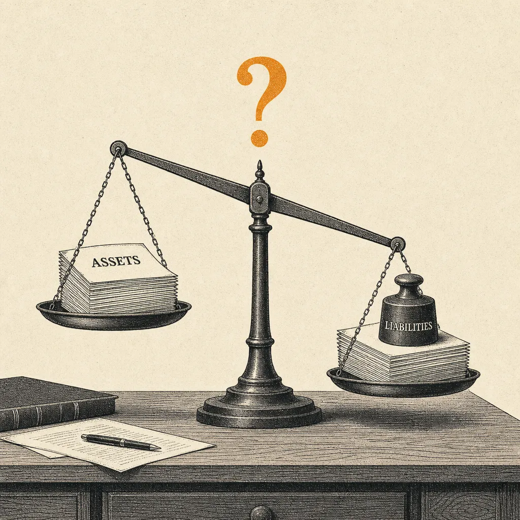 A two-pan antique balance scale sits on a wooden desk. The left pan holds a stack of papers labeled 'ASSETS' and the right pan holds an identical stack plus a small weight labeled 'LIABILITIES.' The scale tilts toward the right. A single burnt-orange question mark hovers above the fulcrum. Charcoal ink lines on cream paper background with stippled shading.
