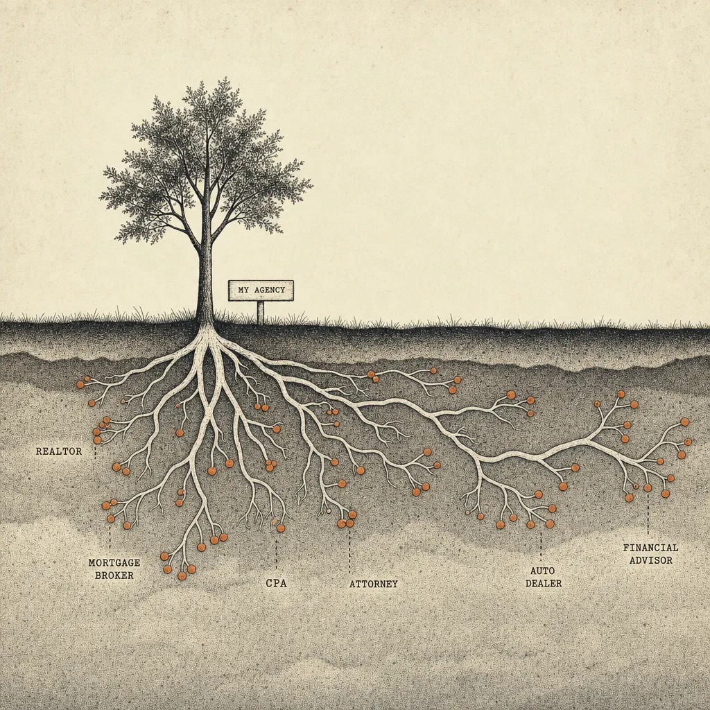 Editorial cartoon cross-section view: above a wavy ground line, a single small simple tree on grass with a horizontal label 'MY AGENCY' beside it. Below the ground line, layered soil rendered in stippling, with an extensive root system spreading horizontally outward in branching geometric lines. At root tips and nodes, tiny typewriter-cap labels read REALTOR, MORTGAGE BROKER, CPA, ATTORNEY, AUTO DEALER, FINANCIAL ADVISOR. Small round nodules cluster on the roots like fruit.