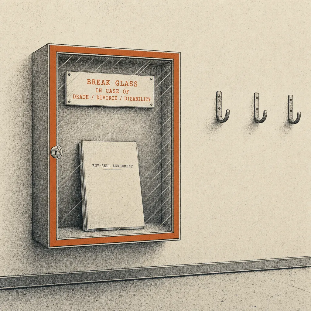 Editorial cartoon of a dusty emergency-case-style box mounted on an office wall, glass front intact. Inside the box, a folded document labeled BUY-SELL AGREEMENT with a small typewriter-caps warning sign reading BREAK GLASS IN CASE OF DEATH, DIVORCE, OR DISABILITY. To the side of the case, empty wall hooks where other safety equipment used to hang.