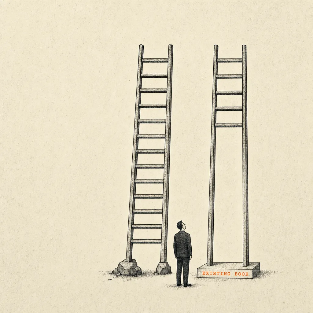 Editorial cartoon of two wooden ladders standing side by side. The left ladder is full length but its base rests on uneven rocks; the right ladder is shorter at the bottom — its lowest six rungs are missing — but stands firmly on a concrete pad labeled EXISTING BOOK. A small business figure in a suit stands between them, considering.