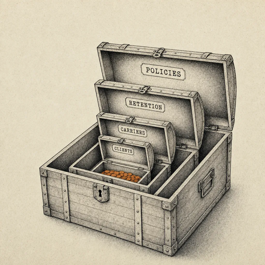 Editorial cartoon of a large wooden treasure chest with its lid open, drawn in cross-section. Inside the chest sits a smaller chest, also open, inside which sits an even smaller chest, and another inside that. Each chest is labeled in tiny typewriter caps reading POLICIES, RETENTION, CARRIERS, CLIENTS from outermost to innermost. At the bottom of the smallest chest, a small cluster of coins.