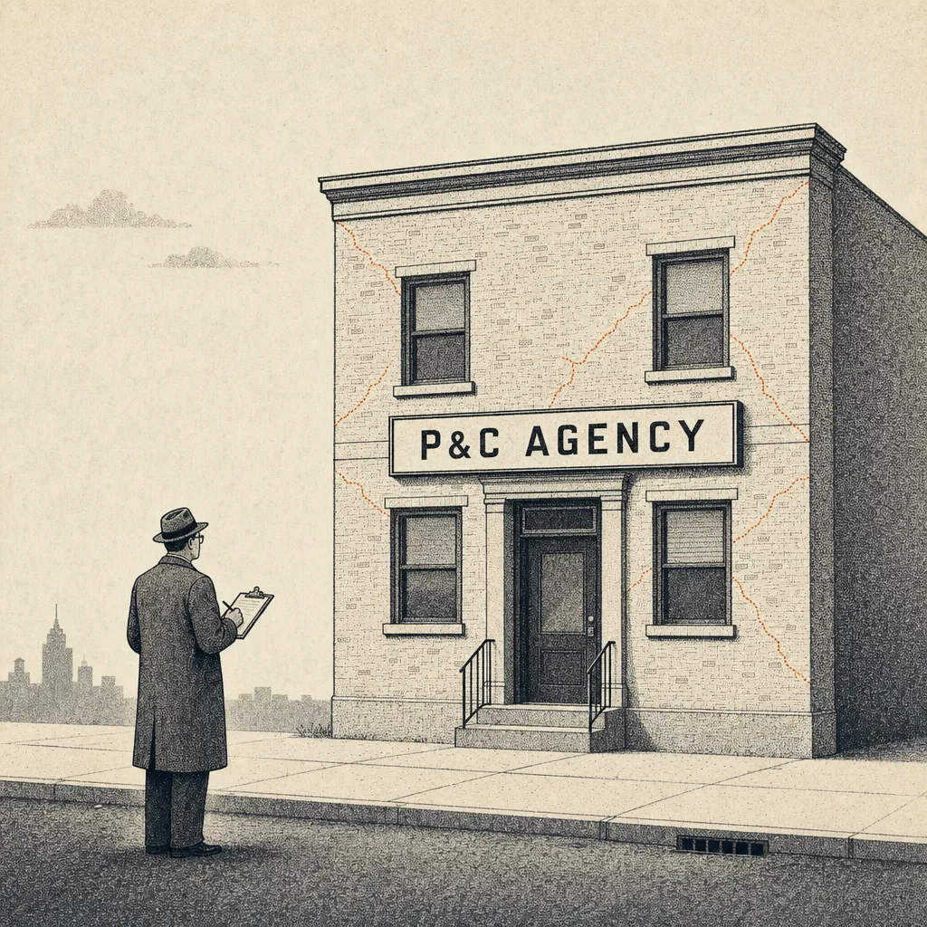 Editorial cartoon of a small two-story building facade labeled P&C AGENCY in mid-century block letters. A building inspector in an overcoat stands in front holding a clipboard, looking up at the facade. Faint hairline cracks rendered as thin dashed lines run diagonally across the facade — visible only on close inspection.
