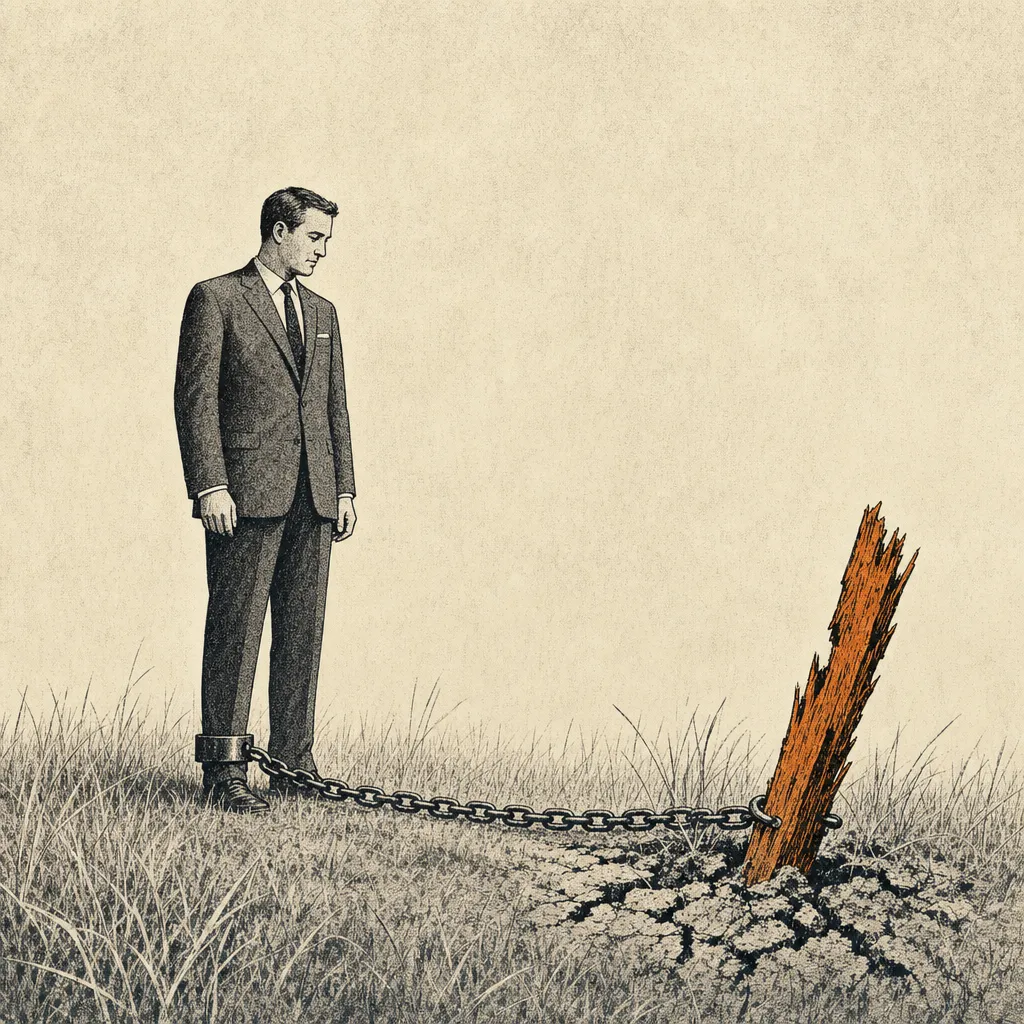 Editorial cartoon of a small business figure in a suit standing in tall grass. A heavy iron chain runs from his ankle to a wooden stake driven into the soil a few feet away. The stake is visibly rotted and splintered, leaning at an angle and loose in the ground. The figure looks down at the stake calmly.