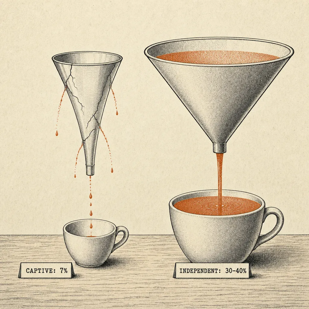 Editorial cartoon of two glass funnels side by side on a counter. The left funnel is tall and narrow, with thin streams leaking from visible cracks along its sides; only a few drops reach the small cup below, labeled CAPTIVE: 7%. The right funnel is wide and intact, full of liquid pouring steadily into a much fuller cup below, labeled INDEPENDENT: 30-40%.