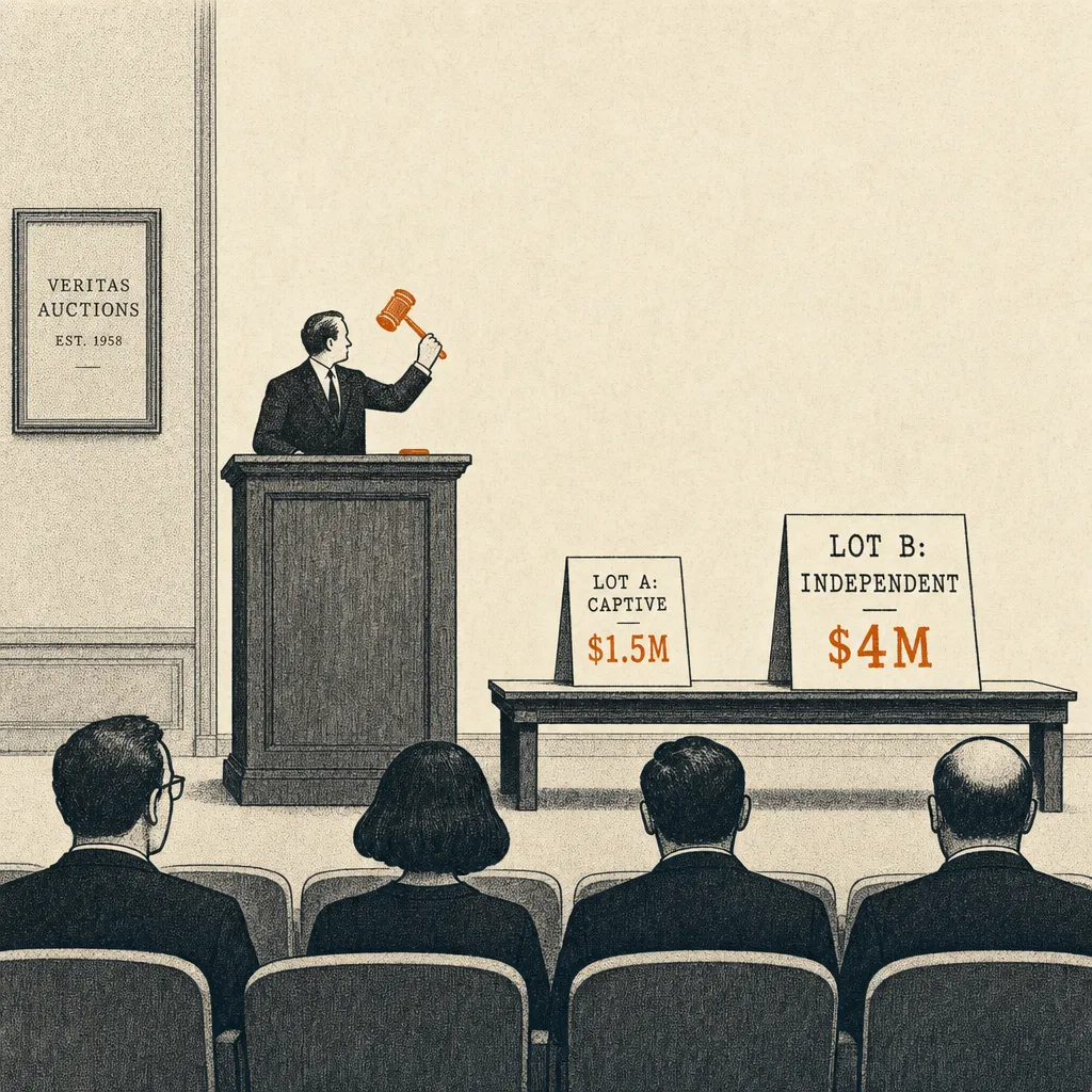 Editorial cartoon of an auction house viewed from the back of the room. At the front, an auctioneer at a podium with a gavel raised mid-strike. On the auction table beside him, two paper signs: LOT A: CAPTIVE — $1.5M (smaller) and LOT B: INDEPENDENT — $4M (larger). Below in the audience, a few tiny figures in chair rows.