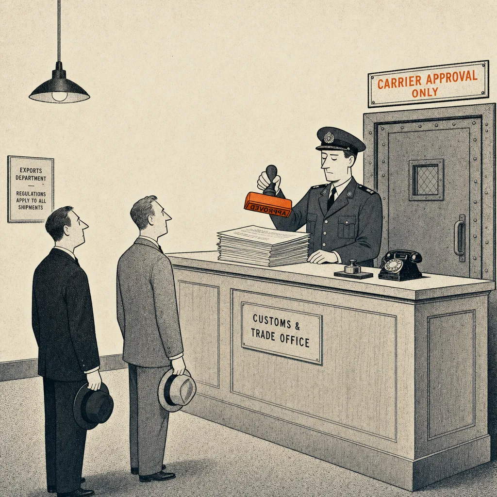 Editorial cartoon of a customs-office-style desk. A uniformed officer stands behind a tall counter, a large rubber stamp poised above a thick sheaf of agency paperwork. Behind him a heavy steel door with a sign reading CARRIER APPROVAL ONLY. In front of the desk, two small business figures (buyer and seller) wait in line, hats in hand.
