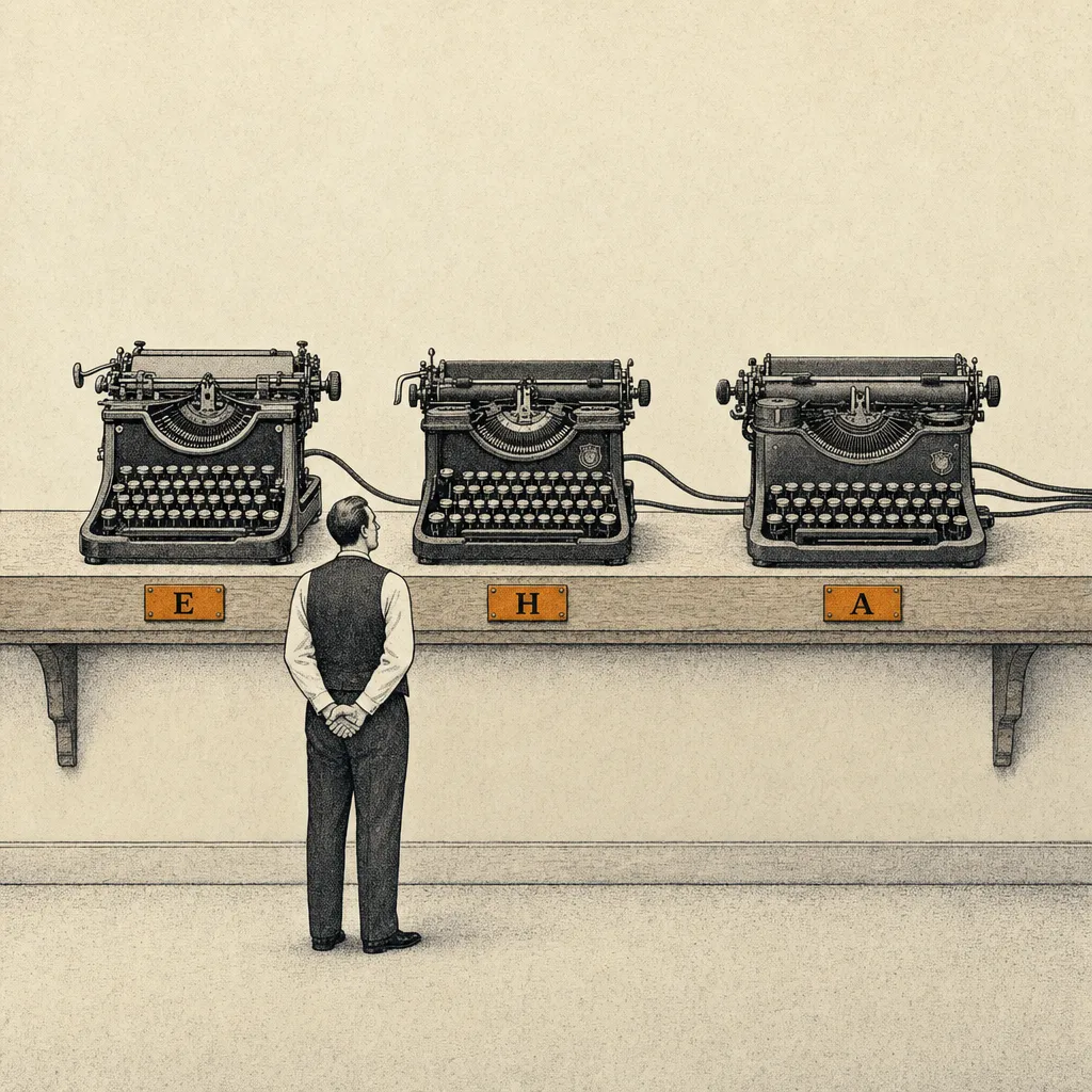 Editorial cartoon of three antique mechanical typewriters arranged in a row on a wooden shelf. Each typewriter has a small brass nameplate showing a single block letter (E, H, A). Each typewriter has a long cable trailing offstage to the side. A small business figure in an apron stands in front, considering.