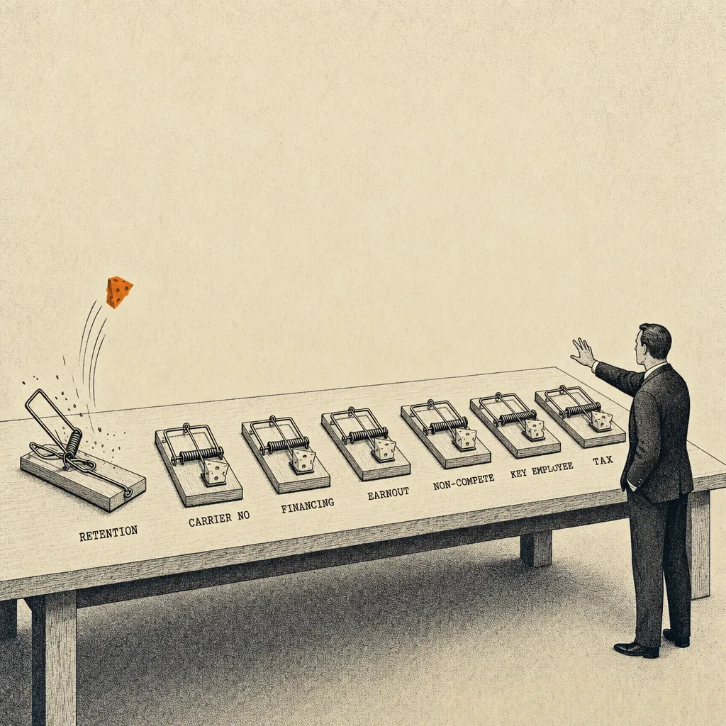 Editorial cartoon of seven mousetraps arranged in a chain reaction on a long wooden table. The first trap has been triggered, its spring released; the remaining six traps are still set. Each trap has a tiny typewriter-cap label below it reading: RETENTION, CARRIER NO, FINANCING, EARNOUT, NON-COMPETE, KEY EMPLOYEE, TAX. A small business figure in a suit stands at the side of the table, hand frozen mid-reach.