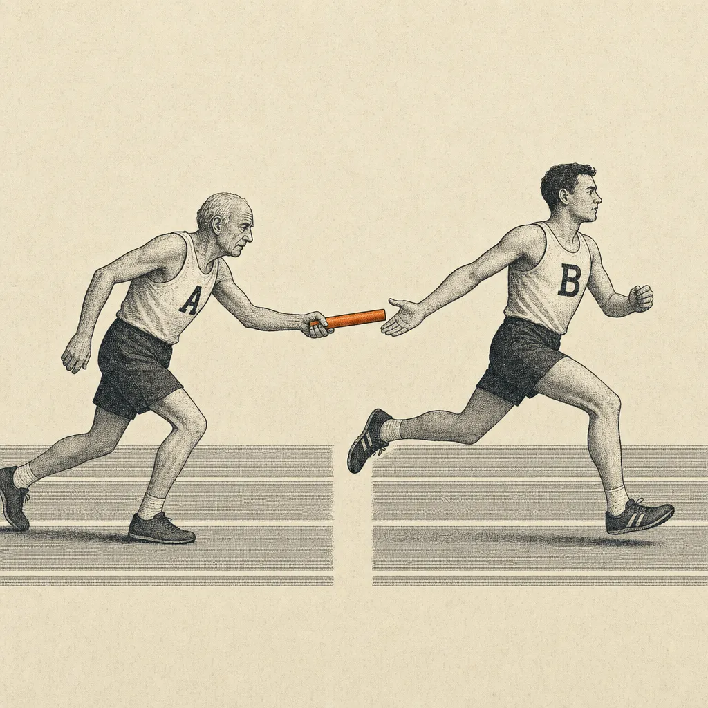 Editorial cartoon of two runners passing a relay baton mid-stride on a running track. The leading runner is older, slightly hunched, gripping the baton on the trailing end. The next runner is fresh and looking forward, hand extended to receive the baton. Between them, a small visible gap in the painted track lane lines.