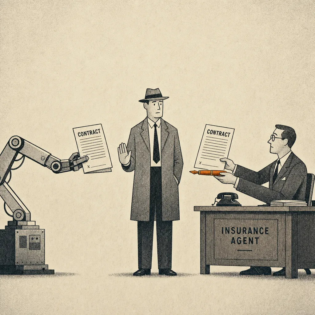 Editorial cartoon of a customer figure in a hat standing center-frame with hand outstretched, hovering between two offers. On the left, a stiff mechanical robot arm extending from offscreen holds out a contract. On the right, a small human agent at a desk holds out the same contract with a pen. The customer looks between the two.