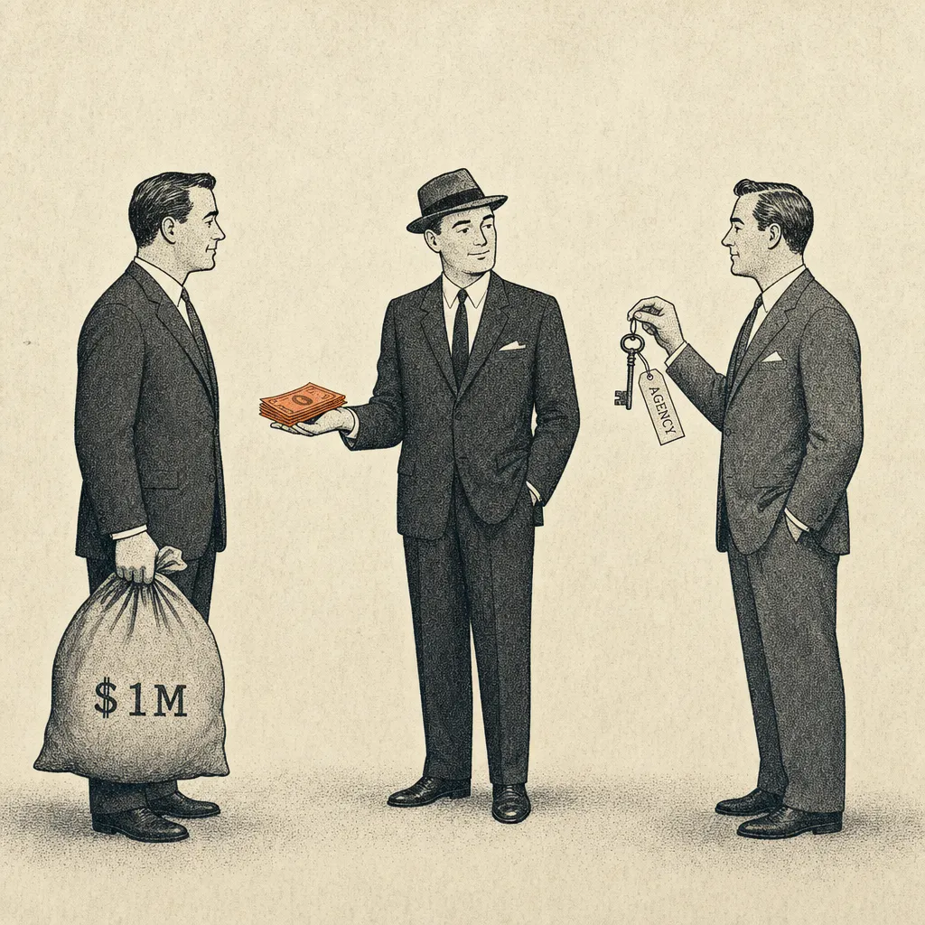 Editorial cartoon of three figures standing in a row. On the left, a buyer holds a heavy bag labeled $1M. In the middle, a broker stands with one hand palm-up, holding a small pile of bills. On the right, a seller holds a small key labeled AGENCY. The figures face each other; the broker is positioned in the middle.