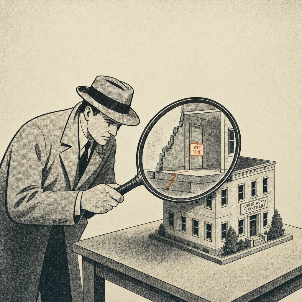 Editorial cartoon of a detective figure in a long coat and hat holding an oversized magnifying glass close to a small architectural model of an agency building on a wooden table. Through the magnifier, hidden details are visible: a missing wall section, a hairline crack in the foundation, a small WET PAINT sign on a doorframe.