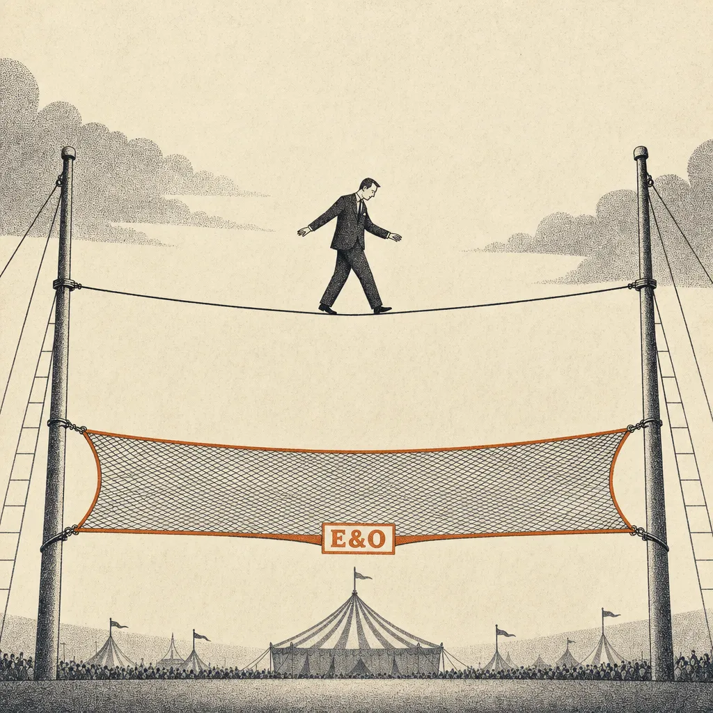 Editorial cartoon of a tightrope strung between two tall poles. A small business figure in a suit walks carefully across the rope, arms slightly out for balance. Below the rope, a wide safety net rendered in fine cross-hatching is stretched, with a small typewriter-caps label across its edge reading E&O. The figure glances down at the net briefly.