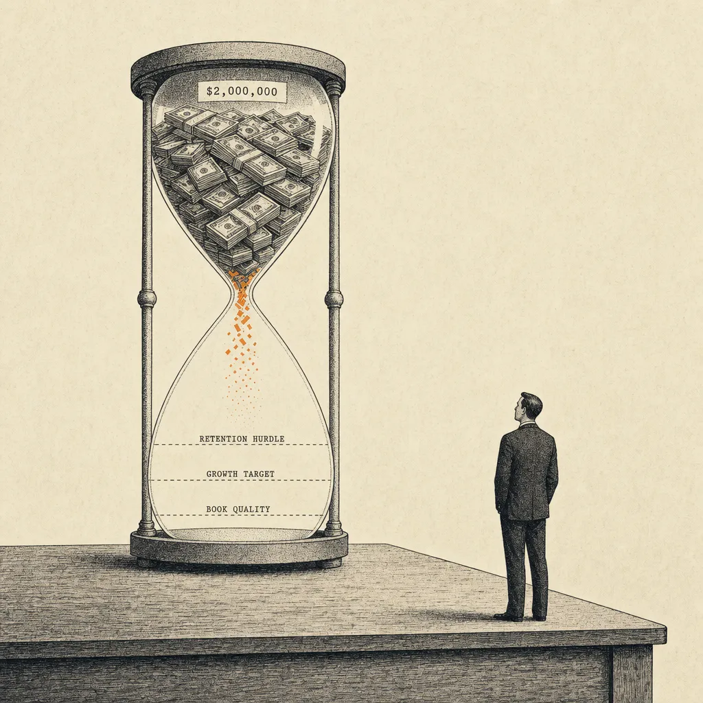 Editorial cartoon of an hourglass on a desk: the upper bulb is full of dense stacks of cash labeled $2,000,000, while the lower bulb is hollow and outlined only, with three faint dashed bands labeled retention hurdle, growth target, and book quality. Falling currency particles dissolve as they pass through the neck. A small businessman in a suit stands to the side watching.
