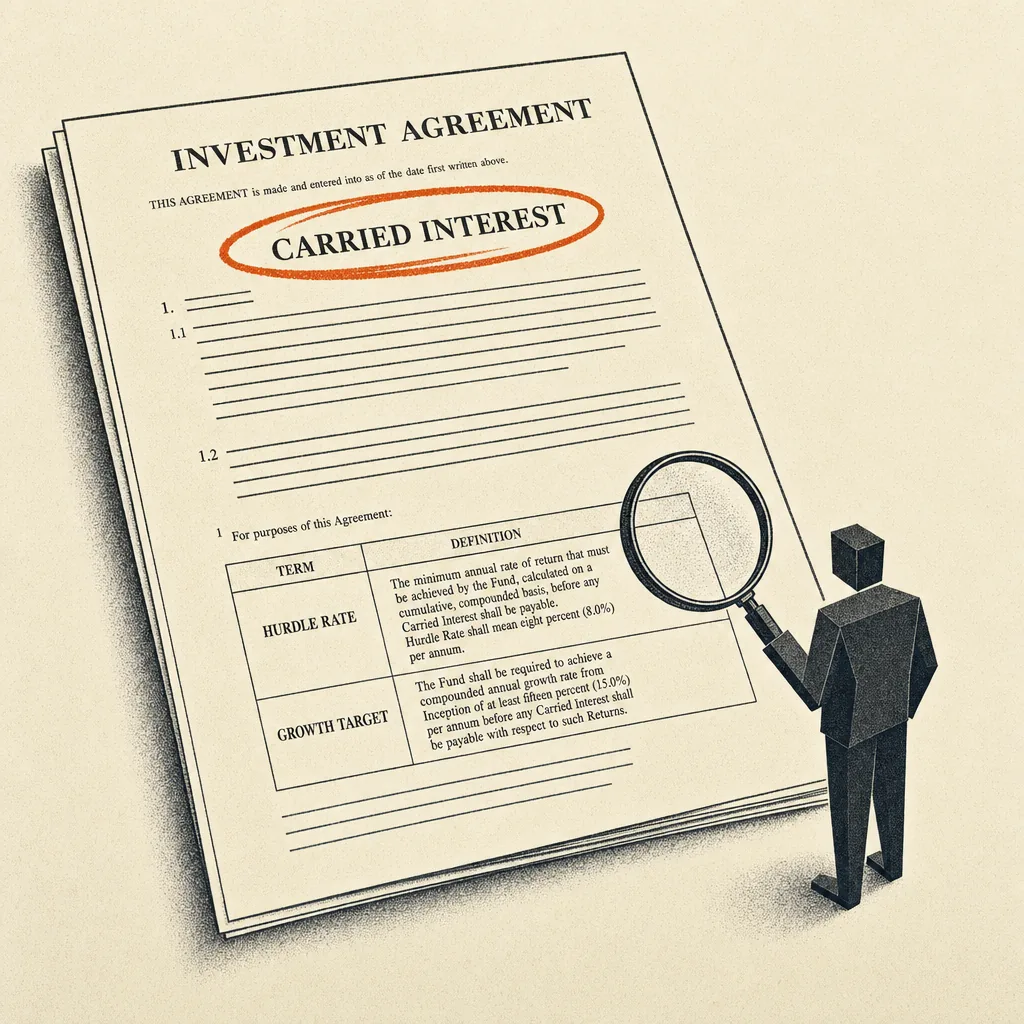 Editorial cartoon of a large LOI document pinned flat on a desk. The headline term seven times EBITDA is circled in burnt orange at the top of the page. Below it, a footnote section expands into a dense earnout table with rows labeled hurdle rate, growth target, and cliff threshold. A small businessman in a suit stands to the right, peering at the footnote table through a magnifying glass. Negative space surrounds the composition on a cream paper background.