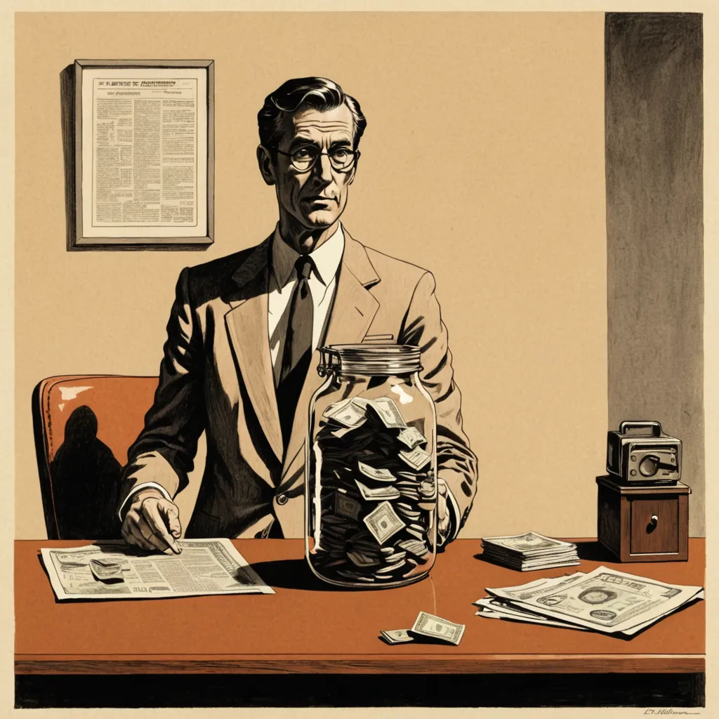 A flat editorial illustration of a padlocked glass jar on a wooden desk with dollar bills visible behind the glass, a suit-cuffed hand reaching in with a document, and a long shadow cast across the desk.