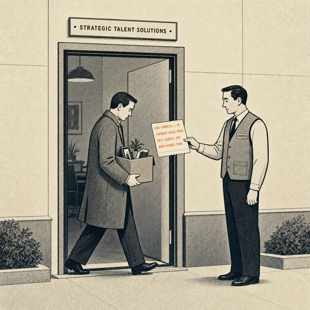 Editorial cartoon of a small business figure walking through an open office doorway carrying a cardboard box. At the threshold, a carrier official in a vest hands them a small printed receipt. The receipt shows in tiny typewriter caps: NON-COMPETE: 1 YR, CONTRACT VALUE: FIXED, EXIT CLAUSE: STD. The agent reads it with restrained expression.