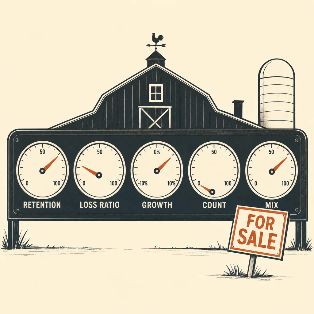 A farmhouse-shaped dashboard panel holding five analog gauges labeled retention, loss ratio, growth, count, and mix. The retention needle points high while the count needle sags low, and a small for sale sign leans against the panel. No people. Flat geometric vector shapes, cream paper background, charcoal ink lines, and a single burnt orange accent.