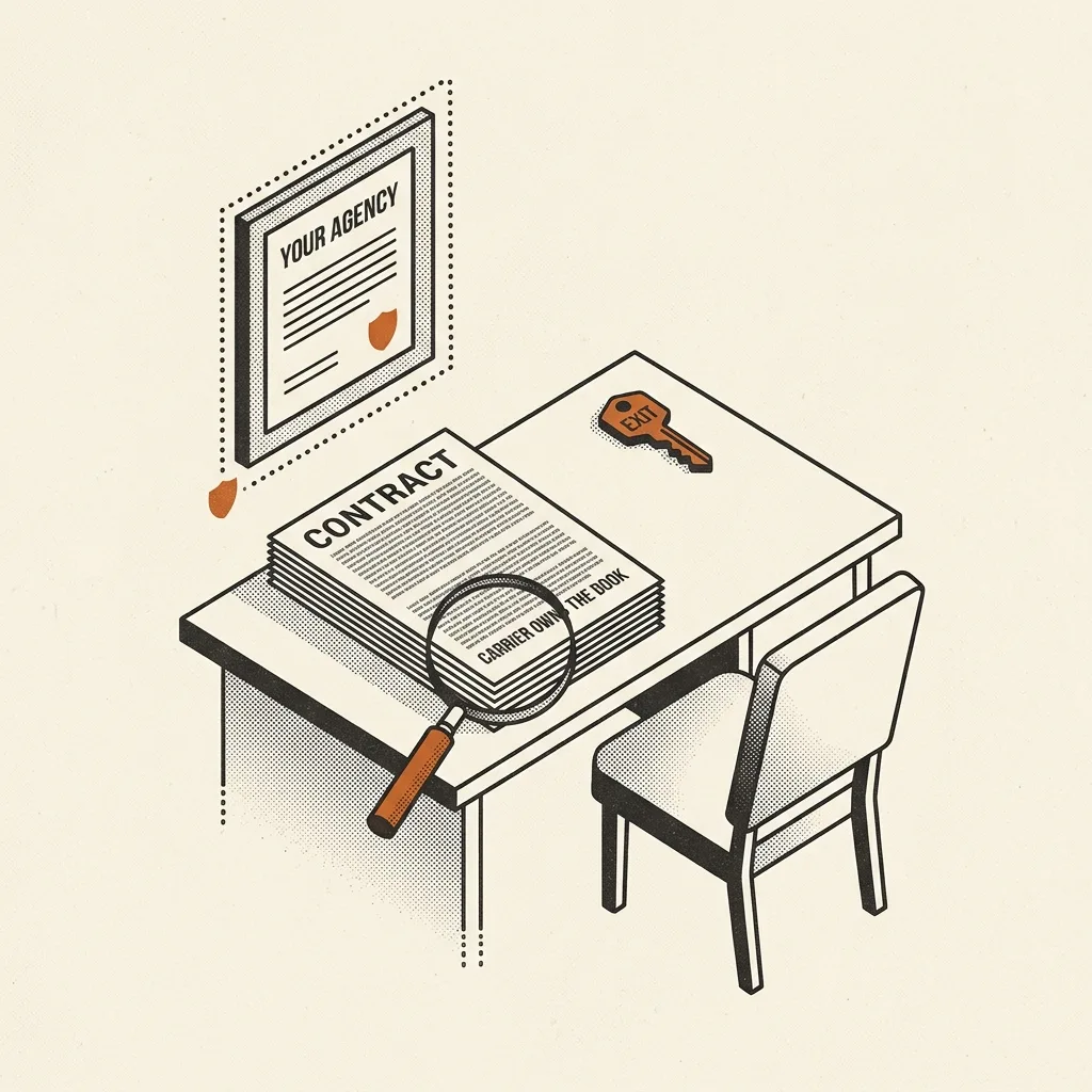 An isometric editorial illustration. On the wall hangs a framed certificate reading YOUR AGENCY with an orange seal. A desk holds a thick multi-page CONTRACT with a magnifying glass hovering over the fine print, which reads CARRIER OWNS THE DOOR. An orange key marked EXIT rests on the desk corner. An empty wooden chair faces the desk, unoccupied. Off-white paper background with halftone dot shading and a single burnt orange accent.