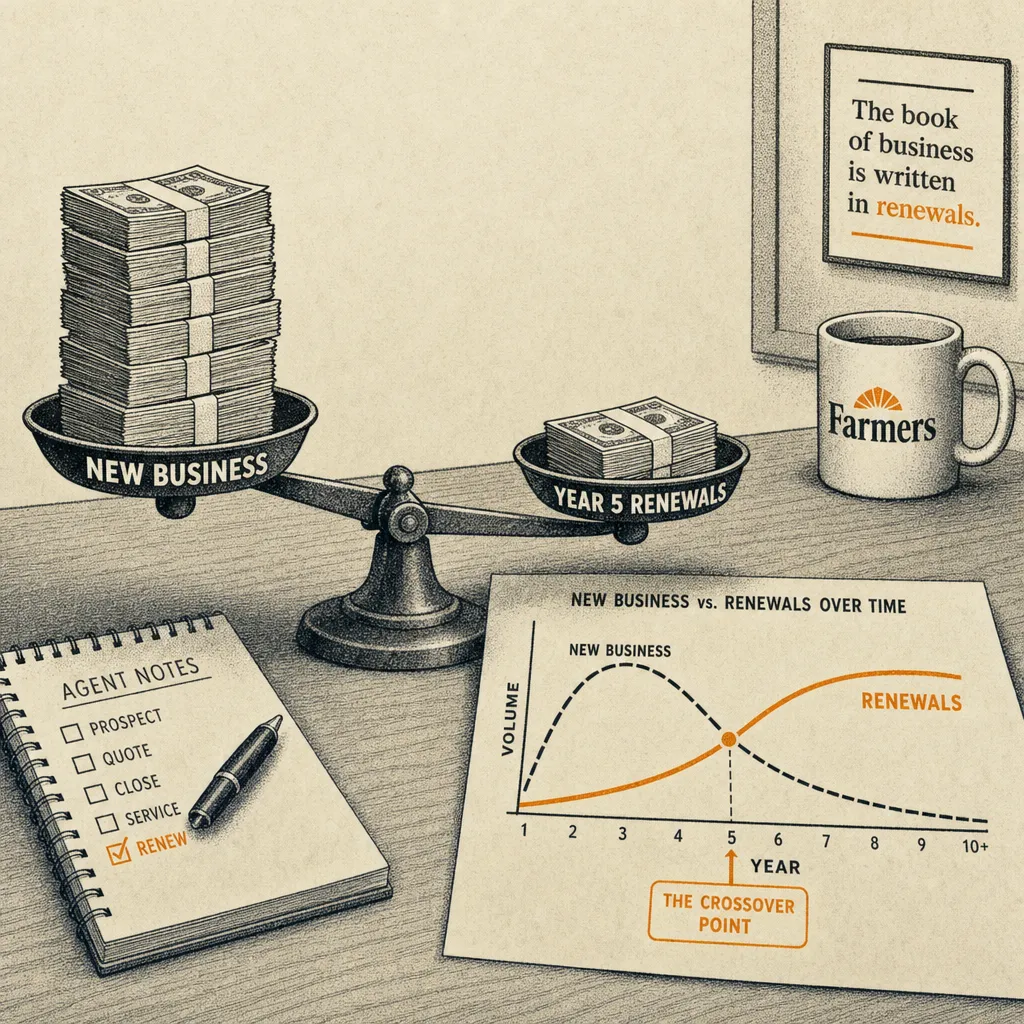 A desk with a calculator, a stack of policy documents, and two jars labeled New Business and Renewals. The Renewals jar has a thin layer at the bottom while the New Business jar is nearly empty. A sticky note reads 'Month 1' on the New Business jar and 'Year 5' on the Renewals jar.
