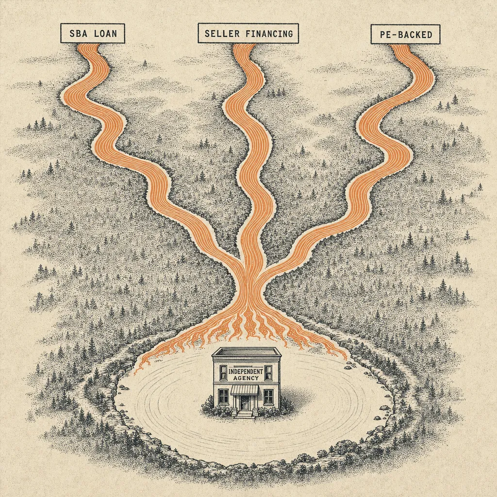 Editorial cartoon top-down aerial view of three rivers winding from the top of the frame, each labeled SBA LOAN, SELLER FINANCING, and PE-BACKED, converging into a single river that empties into a small basin holding a tiny agency building. The water flow is drawn as parallel line gradients.