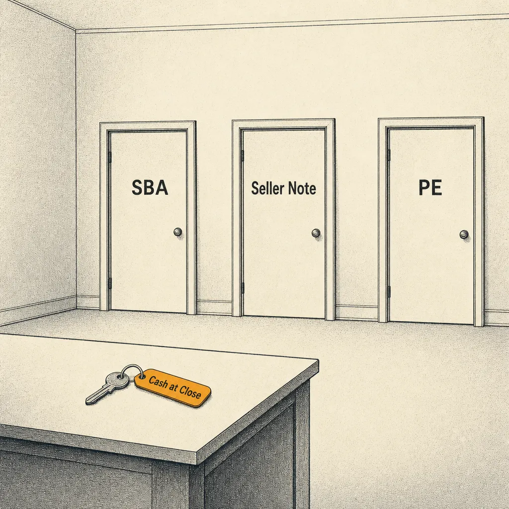 A flat geometric illustration of three doors on a sparse office wall. The left door is labeled SBA, the center door Seller Note, the right door PE. A single key labeled Cash at Close sits on a small desk in the foreground. Charcoal ink lines on cream paper background, single burnt orange accent on the key tag.