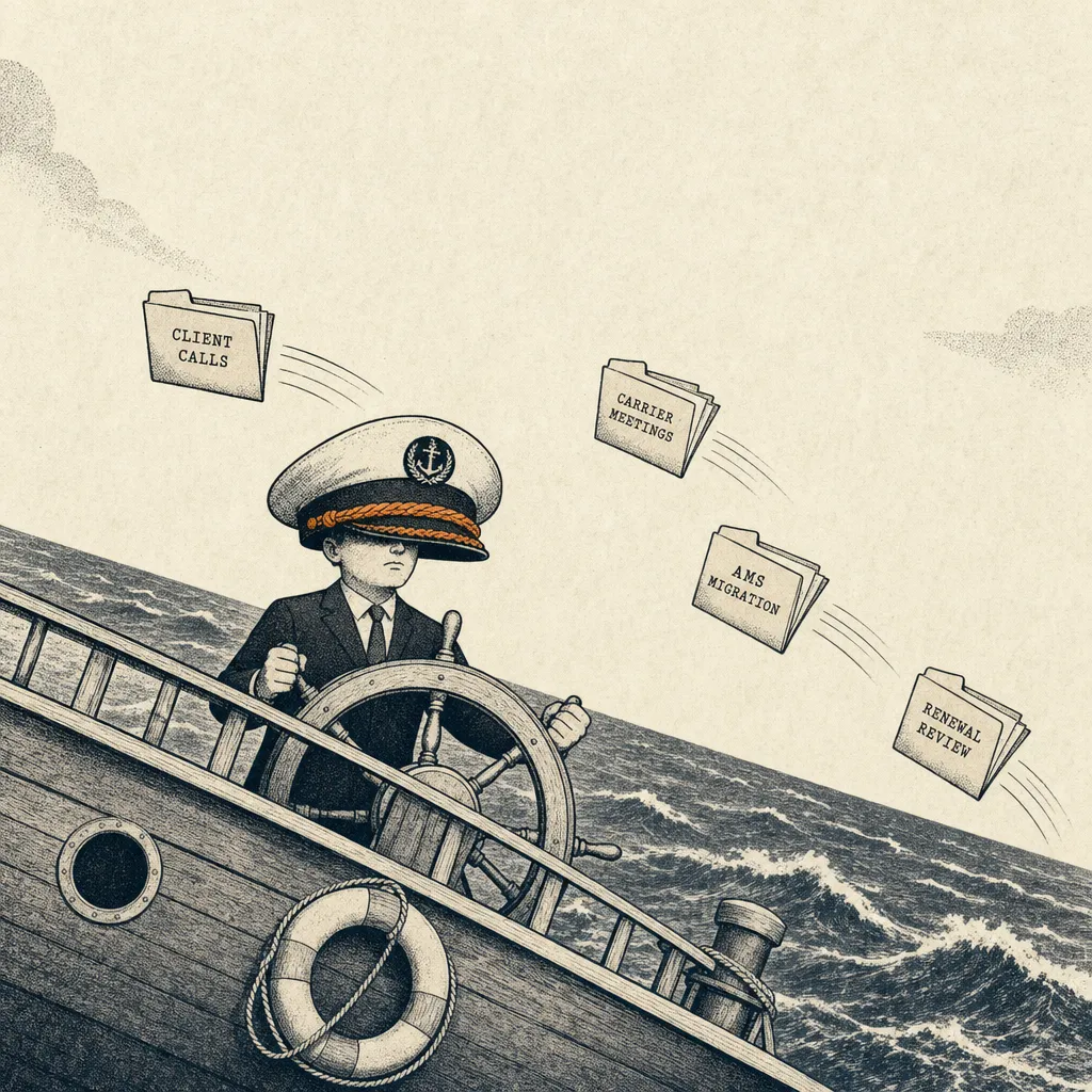 Editorial cartoon of a small ship's deck tilted at a strong angle. A single business figure stands at the wheel wearing a captain's hat that is visibly too large for the head. Around them, several loose paper folders fly past in motion lines, labeled CLIENT CALLS, CARRIER MEETINGS, AMS MIGRATION.