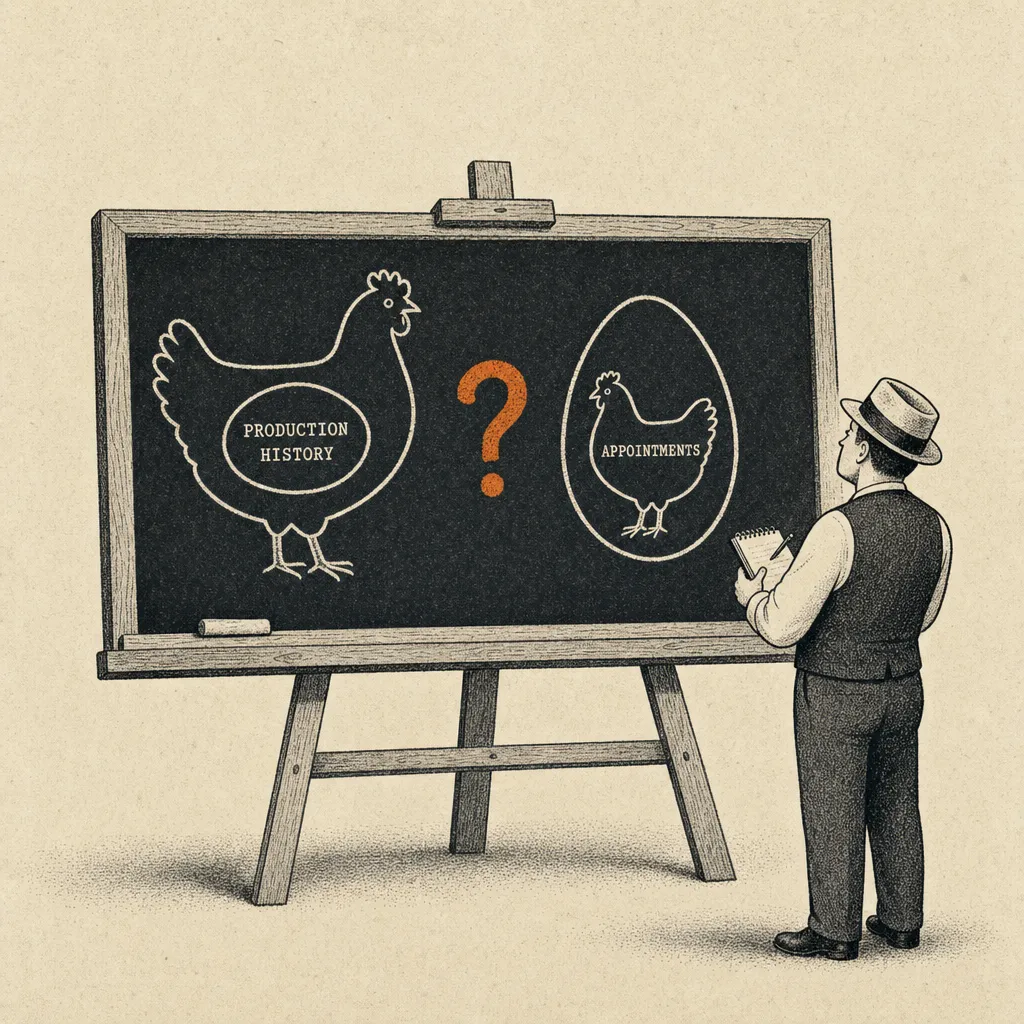 Editorial cartoon of a small wooden chalkboard mounted on an easel. On the chalkboard, two diagrams in white chalk: a chicken with an egg drawn inside its body labeled PRODUCTION HISTORY, and an egg with a chicken drawn inside it labeled APPOINTMENTS. Between the diagrams, a question mark. A small business figure in a vest stands in front of the chalkboard.