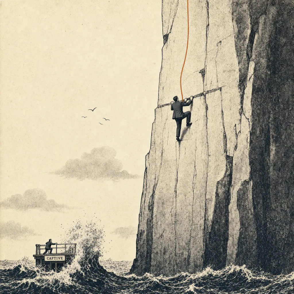 Editorial cartoon of a steep cliff face. A small climber figure in a suit is partway up the cliff, gripping handholds, climbing toward calmer sky at the top. Below the cliff, a small platform labeled CAPTIVE is being battered by rising waves; a tiny figure on the platform clings to a railing. The climber is roped to nothing visible above.