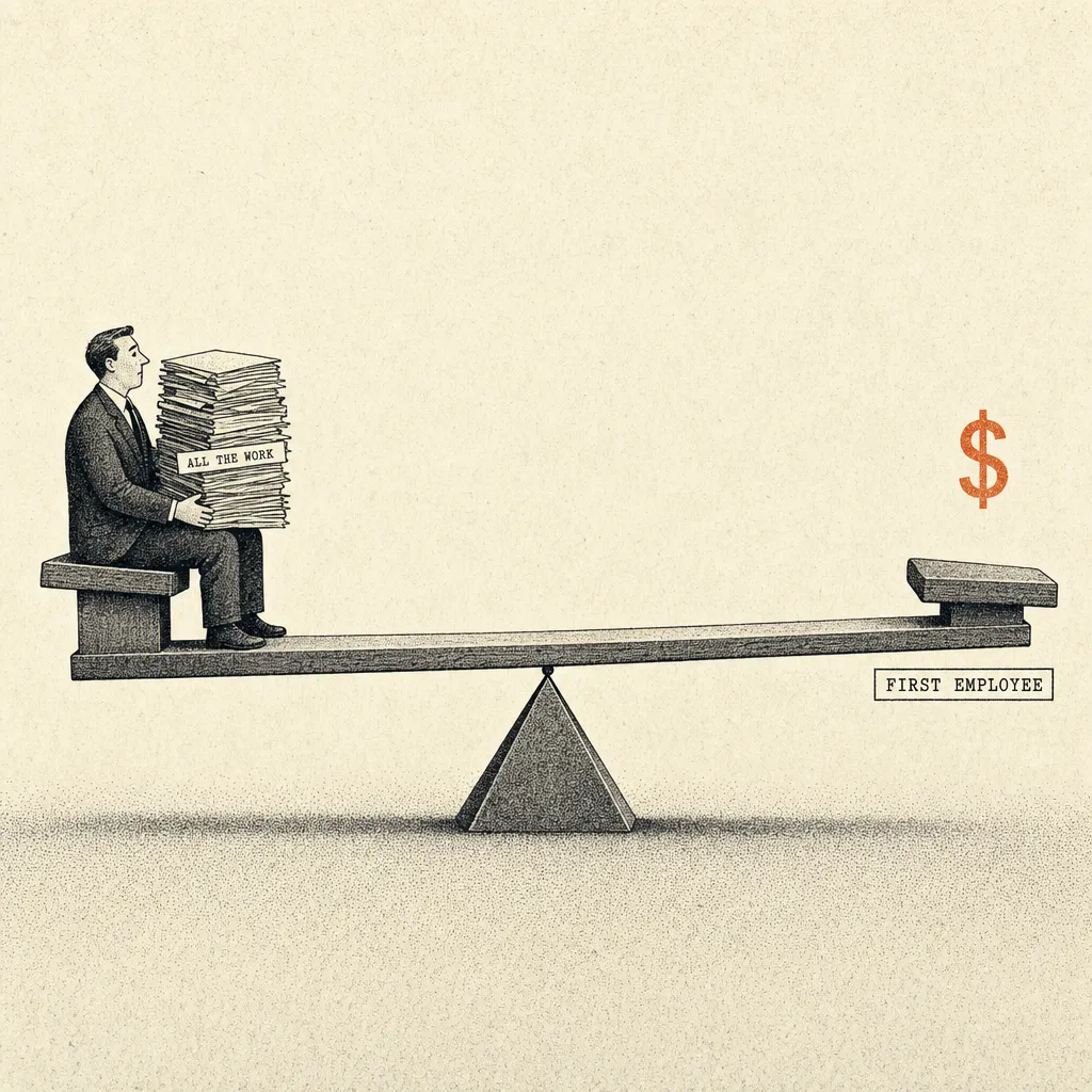 Editorial cartoon of a wooden seesaw balanced on a knife-edge fulcrum. On the left, a small business figure sits with a tall stack of paper files labeled ALL THE WORK on their lap. On the right, an empty wooden seat labeled FIRST EMPLOYEE, with a small dollar sign symbol hovering above it. The seesaw is balanced about to tip.