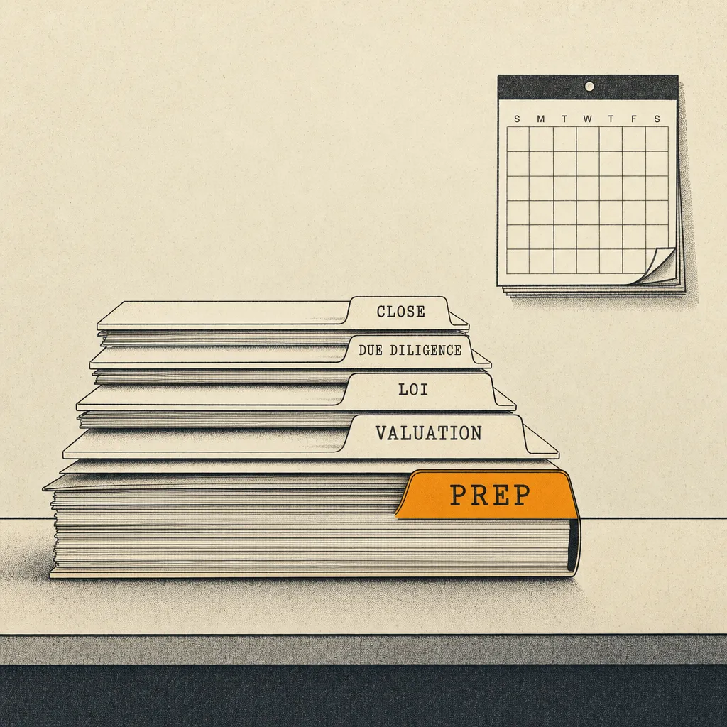 Editorial cartoon of five manila folders stacked vertically on a desk, each labeled with a deal stage. The bottom and largest folder reads PREP. Moving up, progressively thinner folders read VALUATION, LOI, DUE DILIGENCE, and CLOSE at the top. A wall calendar visible in the background shows several months. The PREP folder is visibly thicker than the four above it combined.