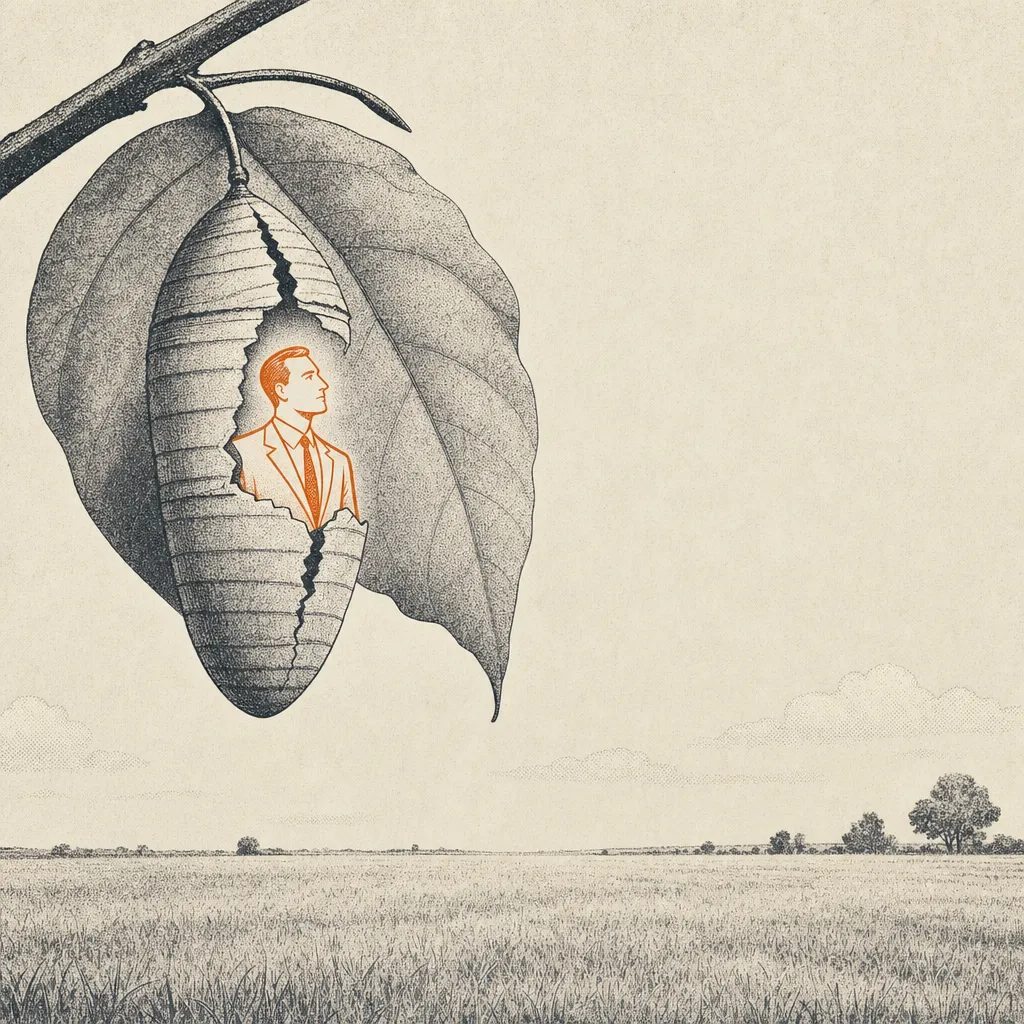 Editorial cartoon of a chrysalis hanging from a leaf, cracked open vertically. A small business figure in a suit emerges from the opening, still partly wrapped in the chrysalis shell, looking outward. The chrysalis is marked with horizontal corporate-style hash patterns. Beyond the leaf, a wide meadow stretches to a small distant horizon.