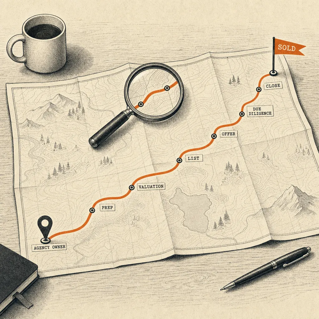 Editorial cartoon of an unfolded old-fashioned paper roadmap spread on a wooden desk. A curved highlighted route traces from a starting marker labeled AGENCY OWNER through six small location dots labeled PREP, VALUATION, LIST, OFFER, DUE DILIGENCE, CLOSE, ending at a marker labeled SOLD. A small magnifying glass hovers above one segment of the route.