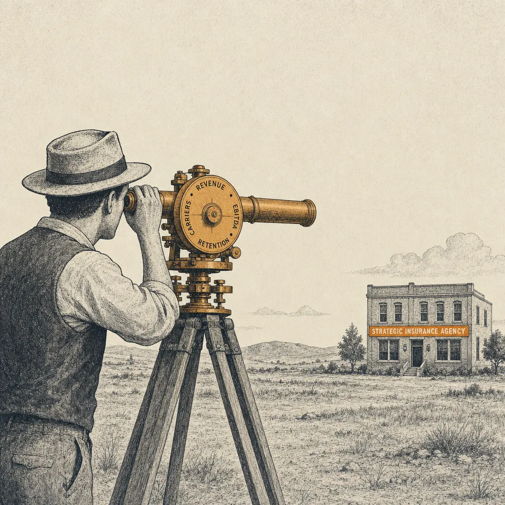 Editorial cartoon of an antique surveyor's theodolite mounted on a wooden tripod, pointed at a small two-story agency building in the distance. The brass calibration disc on the side of the theodolite shows small typewriter-caps markings reading REVENUE, EBITDA, RETENTION, CARRIERS. A small surveyor figure in a vest stands beside the instrument, hand resting on the tripod.