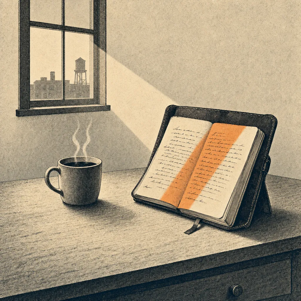 Editorial cartoon of an old leather-bound notebook propped open on a wooden desk, handwritten pen marks visible on the page. A simple ceramic coffee cup sits beside it. Sunlight falls through a small window at a low angle, casting a warm bar of light across the open page. No phone or laptop visible — just the notebook and cup.