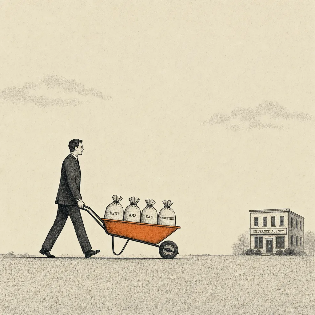 Editorial cartoon of a small business figure in a suit pushing a wheelbarrow along a flat horizon path toward a small office building visible in the distance. In the wheelbarrow are four small cloth bags labeled RENT, AMS, E&O, MARKETING. The bags are visibly small and light, not overflowing.