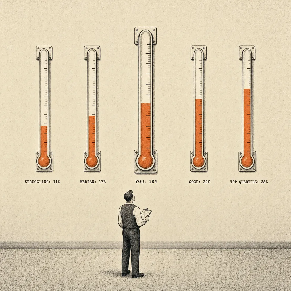 Editorial cartoon of five thermometers mounted vertically on a wall in a row. Each thermometer has a stippled mercury column rising to a different height. The middle thermometer is labeled YOU and points to 18%; surrounding thermometers are labeled TOP QUARTILE: 28%, GOOD: 22%, MEDIAN: 17%, STRUGGLING: 11%. A small business figure in a vest stands holding a clipboard, looking up at them.