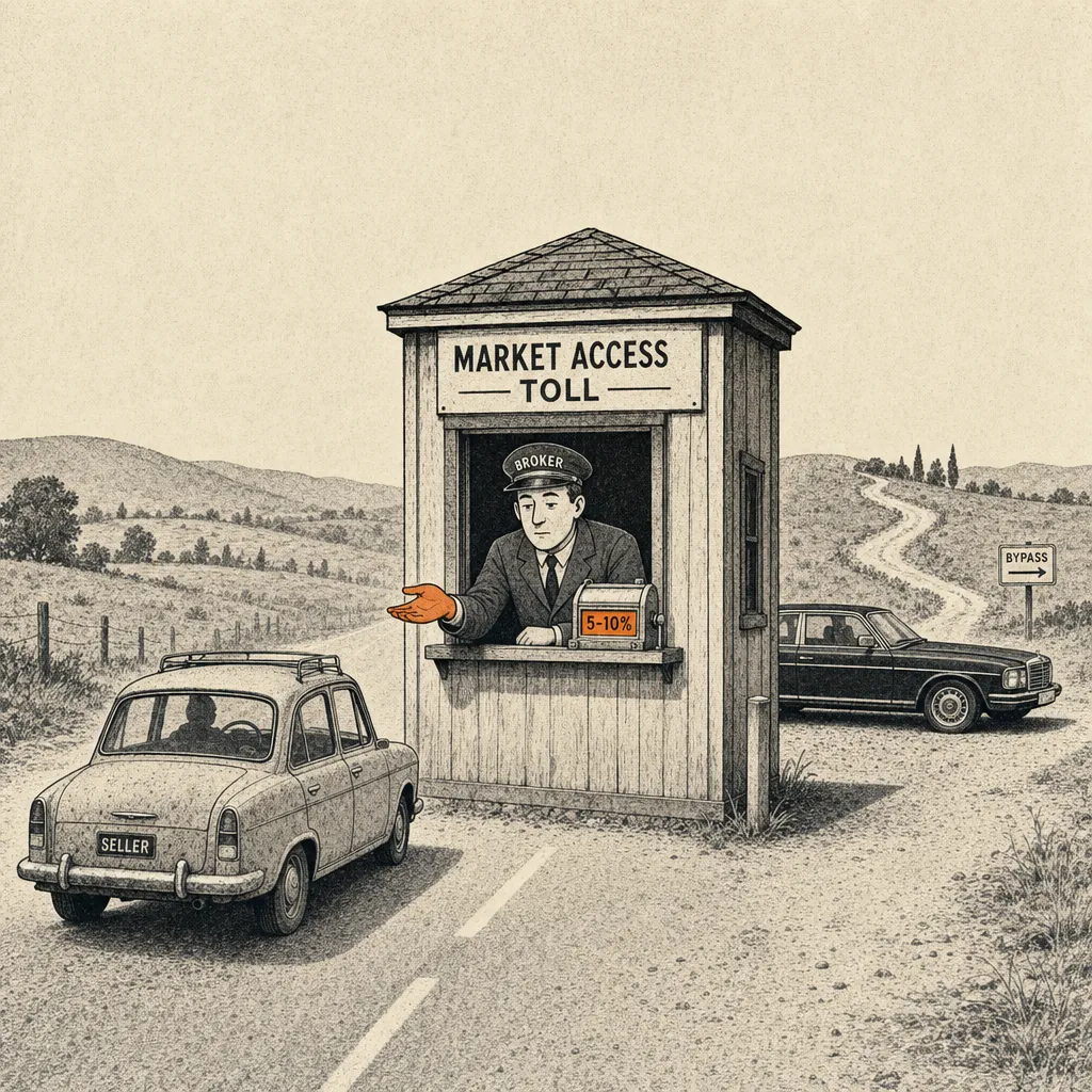 Editorial cartoon of a small tollbooth on a quiet country road. A broker figure in a uniform leans out of the booth window with one hand extended palm-up. On the booth's windowsill, a small meter reading 5-10%. Behind the booth, a luxury car parked. In front of the booth on the road, a smaller dusty seller's car waits. Far in the distance, a faint dirt-road bypass visible.