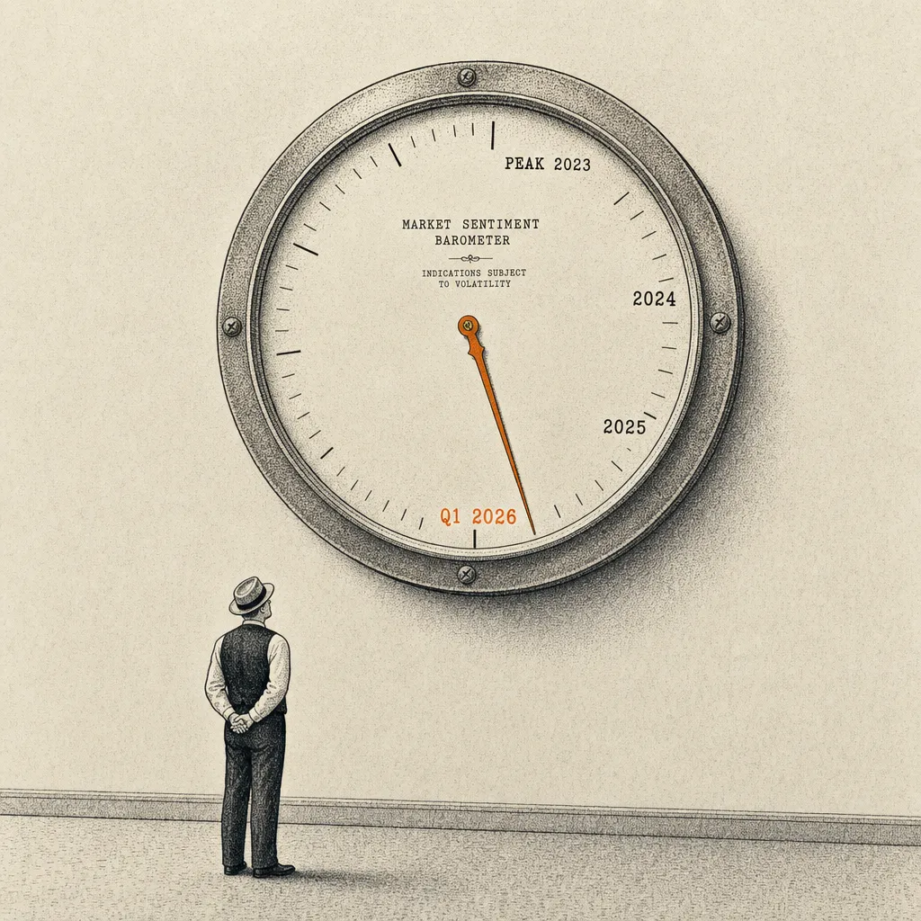 Editorial cartoon of a large round mechanical barometer mounted on a plain wall. The needle on the dial face points downward toward the bottom of its range. Around the dial perimeter, small typewriter-caps tick marks read PEAK 2023, 2024, 2025, Q1 2026 — each mark slightly lower than the last. A small business figure in a vest stands below, looking up at the dial.