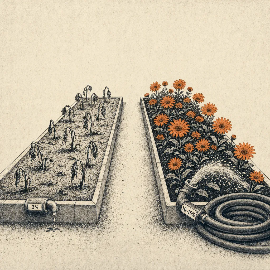Editorial cartoon of two parallel flowerbed strips viewed from above. The left strip is wilted with drooping flowers and dry soil, watered by a thin trickle from a small pipe labeled 2%. The right strip is full of blooming flowers in lush soil, watered by a full garden hose labeled 10-15% gushing water.