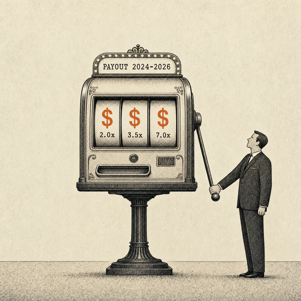 Editorial cartoon of an antique three-reel slot machine on a tall stand. A single small business figure in a suit stands beside the machine, pulling the side lever with one hand. The three reels show dollar signs and small typewriter-caps numbers 2.0x, 3.5x, 7.0x. Above the machine, a small marquee reads PAYOUT 2024-2026.