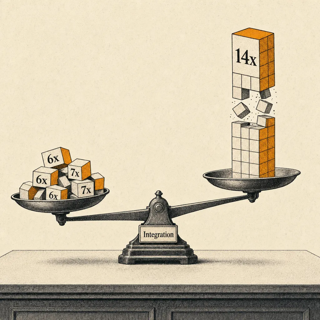 An antique balance scale on a desk. The left pan holds small scattered blocks labeled 6x and 7x. The right pan holds a tall tower of blocks labeled 14x, but the middle blocks are falling away and there is a gap in the structure. The fulcrum is labeled Integration. The scale tips toward the left, showing the lower exit multiple side is heavier because the integration failed to hold.