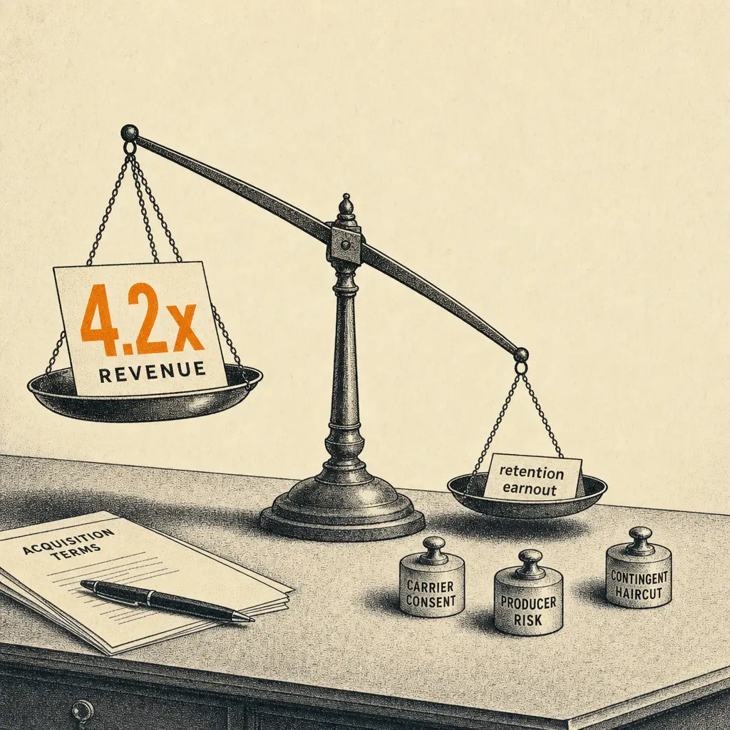 An antique two-pan balance scale on a desk. The left pan holds a card with a printed revenue multiple and tilts downward. The right pan is raised and nearly empty except for a small label. Tiny weights labeled carrier consent, producer risk, and contingent haircut sit unplaced on the desk in front of the right pan.