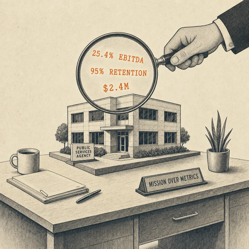 Editorial cartoon of a small architectural model of an agency building on a wooden desk. A large magnifying glass lens hovers above, held by a hand entering from offscreen. Through the magnifier's view, faint floating typewriter-caps numbers surround the building reading 25.4%, 95%, $2.4M.