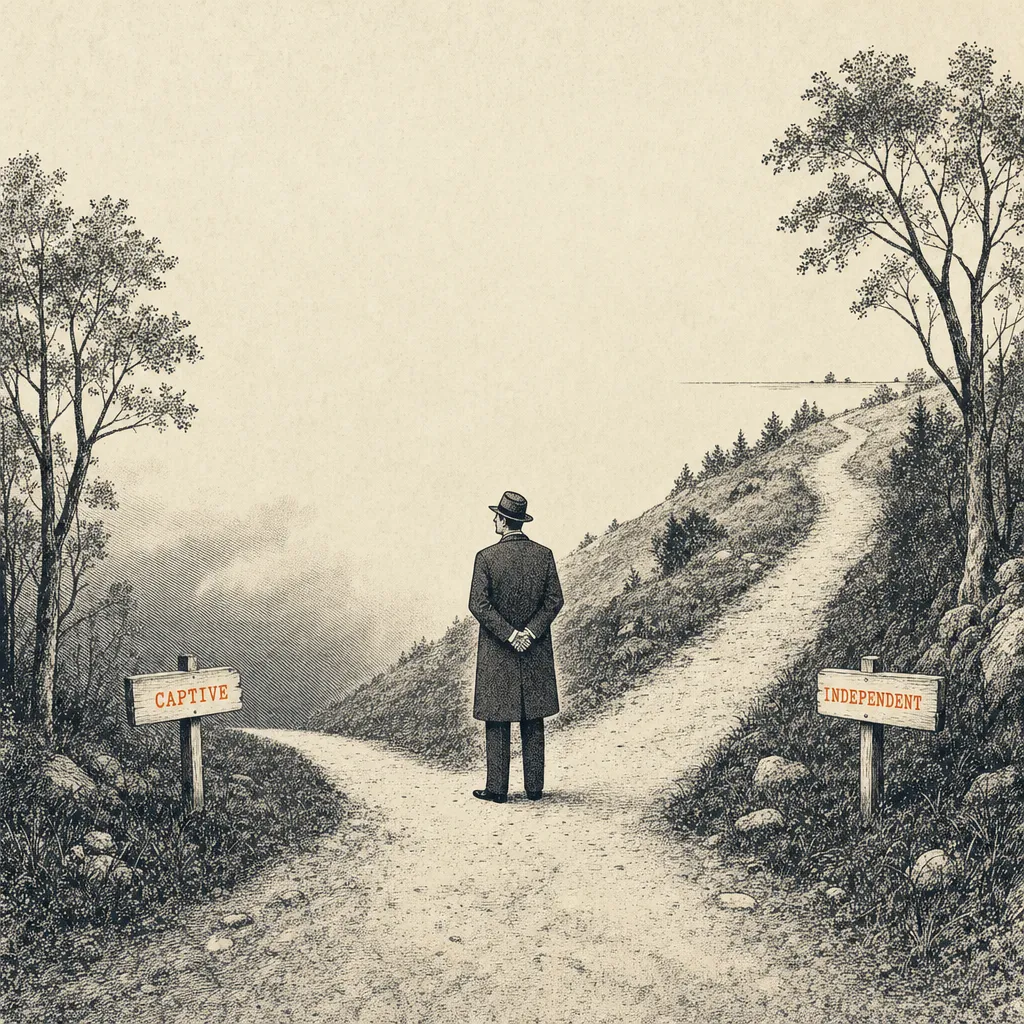 Editorial cartoon of a small fork in a wooded path. The left path is a well-worn dirt trail descending downhill into a misty valley, with a wooden signpost reading CAPTIVE. The right path is freshly trampled grass ascending uphill toward clear sky, with a wooden signpost reading INDEPENDENT. A small business figure with a coat and hat stands at the junction.