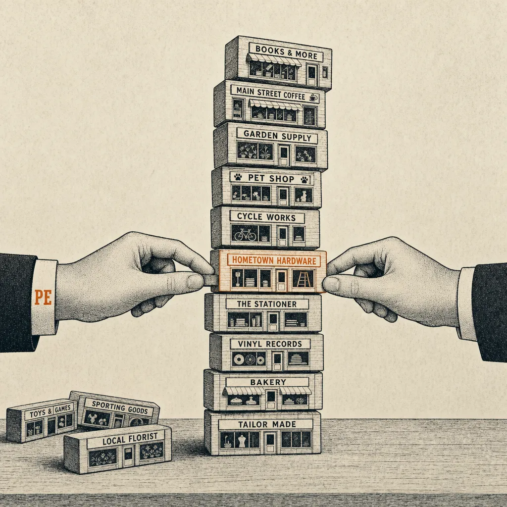 Editorial cartoon of a tall Jenga-style tower built of small wooden blocks, each block illustrated with a tiny agency storefront facade. From the lower half of the tower, two hands extracting a single block; one shirt cuff visible bears tiny typewriter caps reading PE. The top of the tower leans slightly. Two or three previously extracted blocks lie on the table beside the tower.