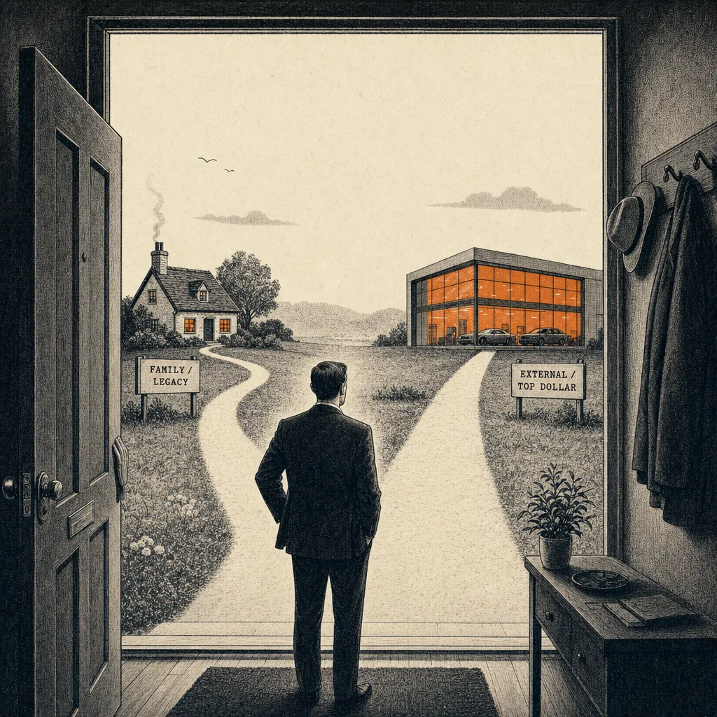 Editorial cartoon of a small house's front doorway opening onto two diverging paths. The left path winds to a small cozy cottage labeled FAMILY / LEGACY. The right path leads to a polished modern showroom-style building labeled EXTERNAL / TOP DOLLAR. A small business figure stands at the threshold of the doorway, looking from one path to the other.